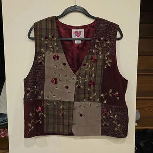 Vintage Leather Vest Large Embroidered Forest Fairy Cottage Boho Whimsy